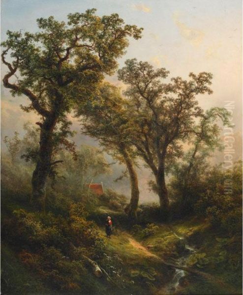 Woman On A Wooded Path By A Stream - view 1