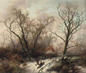 Figures On A Snow-covered Path Gathering Wood