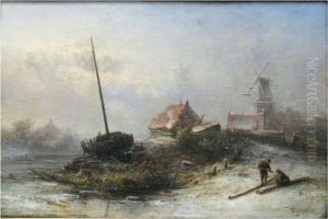 Shoreline With Beached Boat, People And Windmill by Pieter Lodewijk Francisco Kluyver