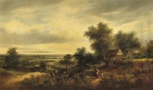 Villagers On A Hill-top, A Panoramic Landscape Beyond