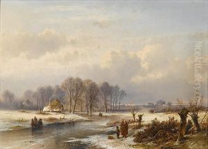 A Winter Landscape With Skaters On A Frozen River