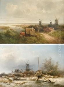 A Panoramic Summer Landscape; And A Snow-covered Boat Yard In Winter by Pieter Lodewijk Francisco Kluyver