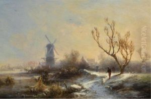 A Traveller In A Winter Landscape, A Windmill In The Distance by Pieter Lodewijk Francisco Kluyver
