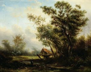 Woman On A Country Road With A Farm In The Background Woman On A Country Road With A Farm In The Background