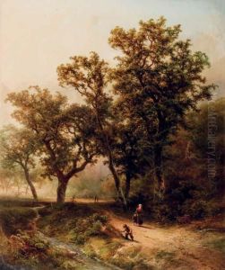 Travellers On A Wooded Path by Pieter Lodewijk Francisco Kluyver
