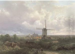 Windmills In A Panoramic Landscape In Summer by Pieter Lodewijk Francisco Kluyver
