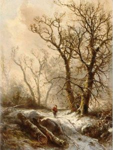 A Figure In A Snowy Forest Landscape by Pieter Lodewijk Francisco Kluyver