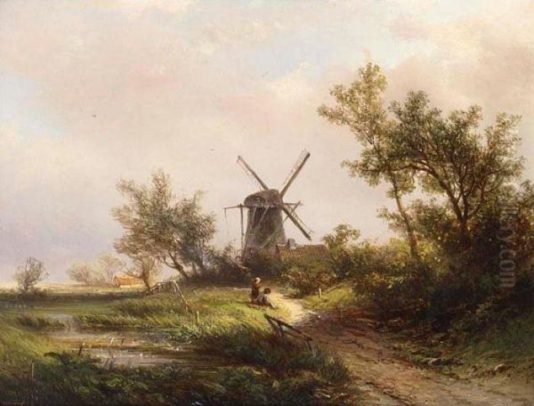 A Summer Landscape With Figures Near A Windmill - view 1