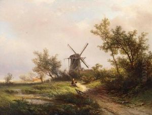 A Summer Landscape With Figures Near A Windmill by Pieter Lodewijk Francisco Kluyver