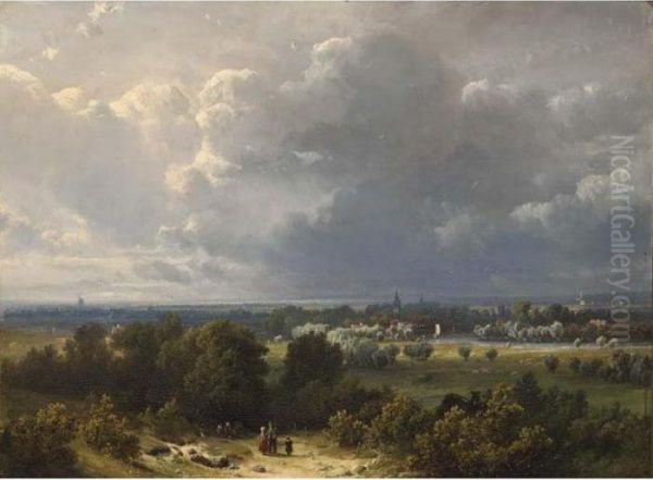 Figures In A Panoramic River Landscape - view 1
