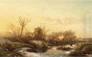 Figures In A Winter Landscape by Pieter Lodewijk Francisco Kluyver