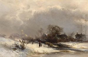 Figures In A Winter Landscape by Pieter Lodewijk Francisco Kluyver