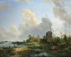 Anglers Near A Windmill In A Summer Landscape by Pieter Lodewijk Francisco Kluyver