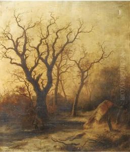 Woodgatherers On A Frozen River by Pieter Lodewijk Francisco Kluyver