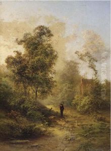 A Hunter Walking On A Forest Path by Pieter Lodewijk Francisco Kluyver