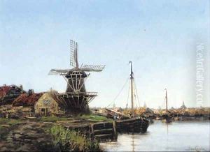 A Barge moored by a windmill before a Dutch town