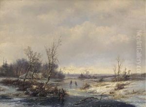 A Panoramic Winter Landscape With Skaters On The Ice