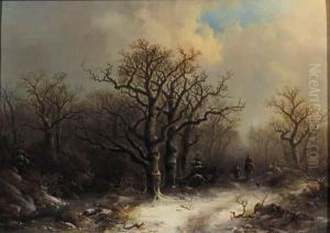 Travellers In A Winter Forest by Pieter Lodewijk Francisco Kluyver