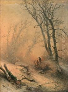 A Snow-covered Forest Landscape With Travellers Approaching by Pieter Lodewijk Francisco Kluyver