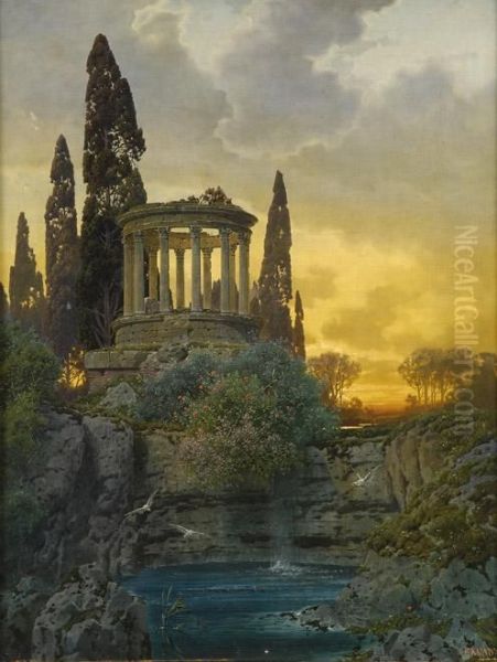 Fluslandschaft Mit Wasserfall Und Tempelruine. - view 1
