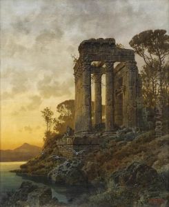 Seenlandschaft Mit Romischer Tempelruine.