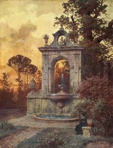 Parklandschaft In Abendstimmung Mit Brunnen. by Ferdinand Knab