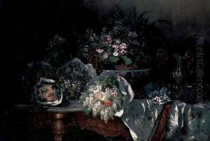 Bouquets of Flowers, an Imari Bowl, a silver Ewer with Stand and sugared Almonds on a draped marble Table