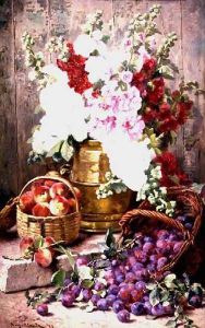 Still life with flowers in a brass urn and fruit in baskets, 1898 by Eugene Claude
