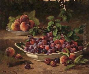 Bowls of plums and peaches in the garden by Eugene Claude