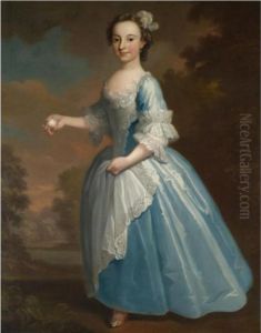 Portrait Of Elizabeth Hatch, 
Full Length, Wearing A Blue Dress And Holding A Peach In Her Right Hand