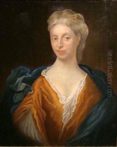 Portrait Of A Lady, Bust Length, Wearing A Bronze Coloured Dress And A Blue Mantle