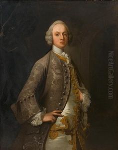 Portrait Of Gentleman, 
Three-quarter-length, In A Silver, Brocade Coat With A White And Gold 
Waistcoat