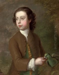 Portrait Of A Boy, Half-length, 
In A Brown Coat And Green Waistcoat With Gold Trim, Feeding A Parrot, In
 A Landscape