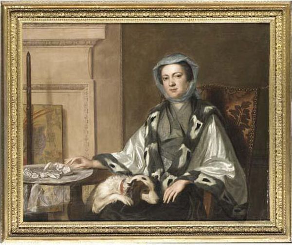 Portrait Of Mrs Neate, Of
Donnington, Hampshire, Half-length, In Anembroidered Silver Shawl
Trimmed With Fur, Seated By A Table With Aspaniel Her Lap, In An
Interior, Beside A Polescreen - view 1