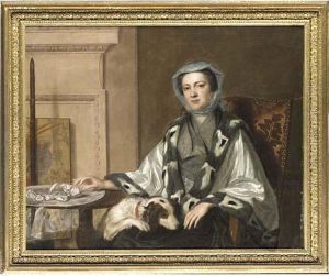 Portrait Of Mrs Neate, Of
Donnington, Hampshire, Half-length, In Anembroidered Silver Shawl
Trimmed With Fur, Seated By A Table With Aspaniel Her Lap, In An
Interior, Beside A Polescreen by George Knapton