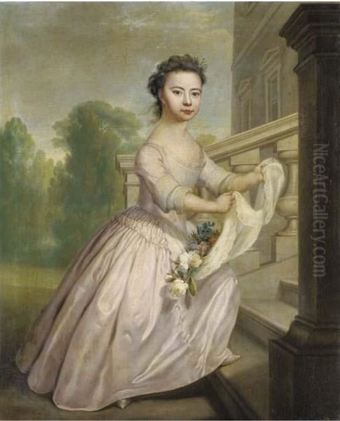 Portrait Of Ann Wo[o]lfe, 
Full-length, In A Pink Dress, Her Apronfilled With Flowers, On The Steps
 Of A Palladian Country House, Anavenue Of Trees Beyond - view 1