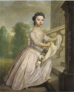 Portrait Of Ann Wo[o]lfe, 
Full-length, In A Pink Dress, Her Apronfilled With Flowers, On The Steps
 Of A Palladian Country House, Anavenue Of Trees Beyond