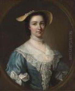 Portrait Of Lady, Half-length, In A Blue Dress Wearing Pearls And A Straw Hat