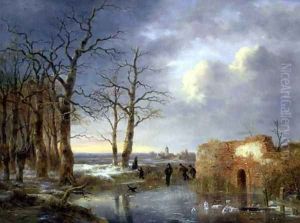Skaters on a Frozen River by Jean Baptiste Coene