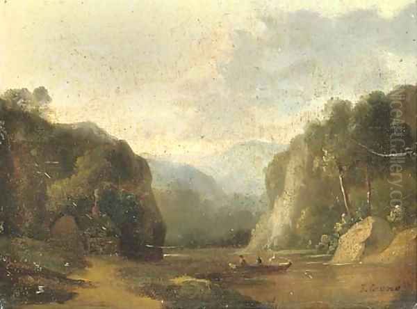 Figures in a boat, in an extensive landscape - view 1