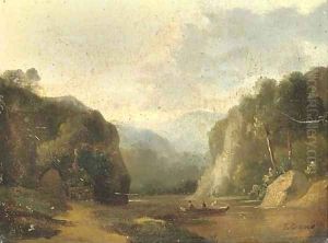 Figures in a boat, in an extensive landscape