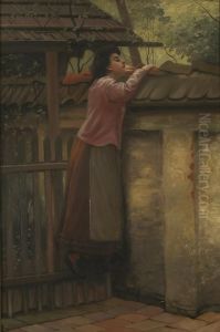 Young Woman Peering Over A Wall. Worn Signature Lower Left. Young Woman Peering Over A Wall. Worn Signature Lower Left.