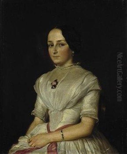 Portrait Of A Young Woman With A
 White Dress. Signed And Dated Lower Left: L. Knaus 1848. Oil On Canvas.
 Relined. 47 X 39cm. Framed. - view 1