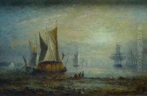 Hay Barge On The Shoreline At Sunset by Adolphus Knell