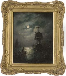 Bringing In The Nets In A Moonlit Harbour by Adolphus Knell