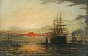 Shipping Moored In Harbour, Evening by Adolphus Knell