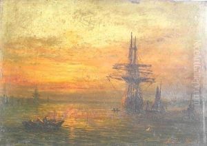 A Sunset Scene With Sailing Ship And Other Vessels In Harbour by Adolphus Knell