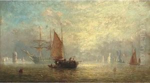 Fishermen Unloading At Dusk, With A Frigate At Anchor Beyond by Adolphus Knell