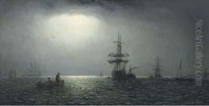 Shipping In Coastal Waters By Moonlight by Adolphus Knell