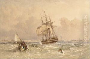 Frigates And A Cutter At Spithead by Adolphus Knell